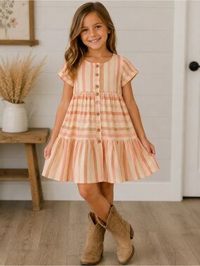NWT Happily Grey Kids Girls Size 7 Peach Striped Tiered Button Dress